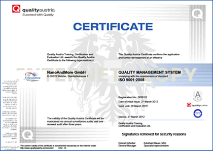 NanoAndMore Europe Earns Prestigious DIN EN ISO 9001:2008 Certification