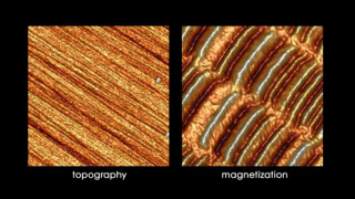 Topographic image (left) and Magnetic Force Microscopy (MFM) phase image (right) of a HDD platter surface. The high and low areas on the magnetic scan are regions with different orientation of the magnetic dipoles that store binary 1s and 0s.