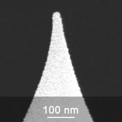 SEM image of platinum coated AFM probe tip close-up