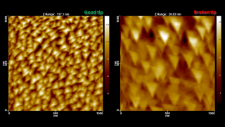 For accurate imaging of small features the AFM tip radius of curvature must be much smaller than the typical feature size. If, on the contrary, the AFM tip is much larger than the features, the result of the measurement is a reverse image of the AFM tip itself! On the left is a tapping mode scan with a brand new sharp AFM probe that reveals nicely the pyramidal structures on the TipCheck. On the right is a scan of the same TipCheck using a damaged AFM tip. The reverse-imaged triangular cross-section of the AFM tip pyramid, broken-off by improper probe handling, can be clearly recognized.