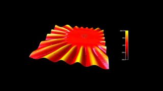 An extremely thin (30 nm) free standing silicon nitride membrane with nickel nanoparticles, following heating with a short laser pulse. The nanoparticles react with the substrate, and the induced stress in the film creates large ripples in the membrane surface