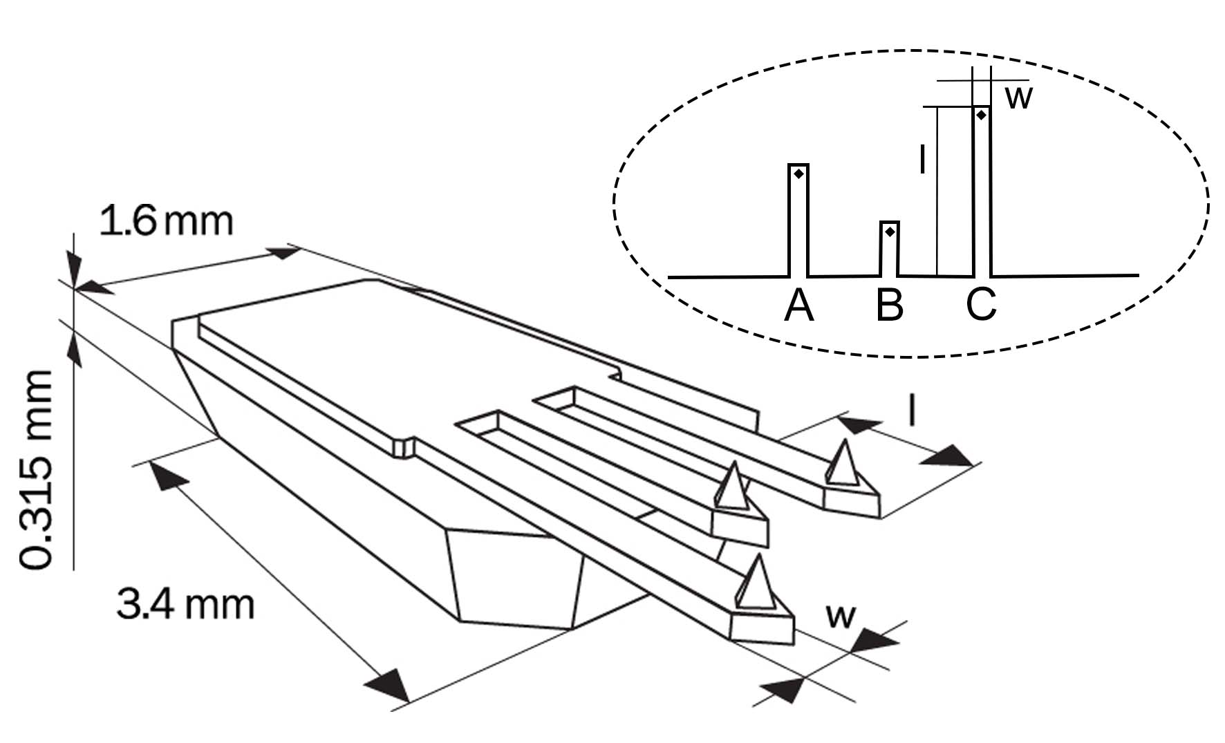 Schematic of three-lever NSC series MikroMasch AFM Probe