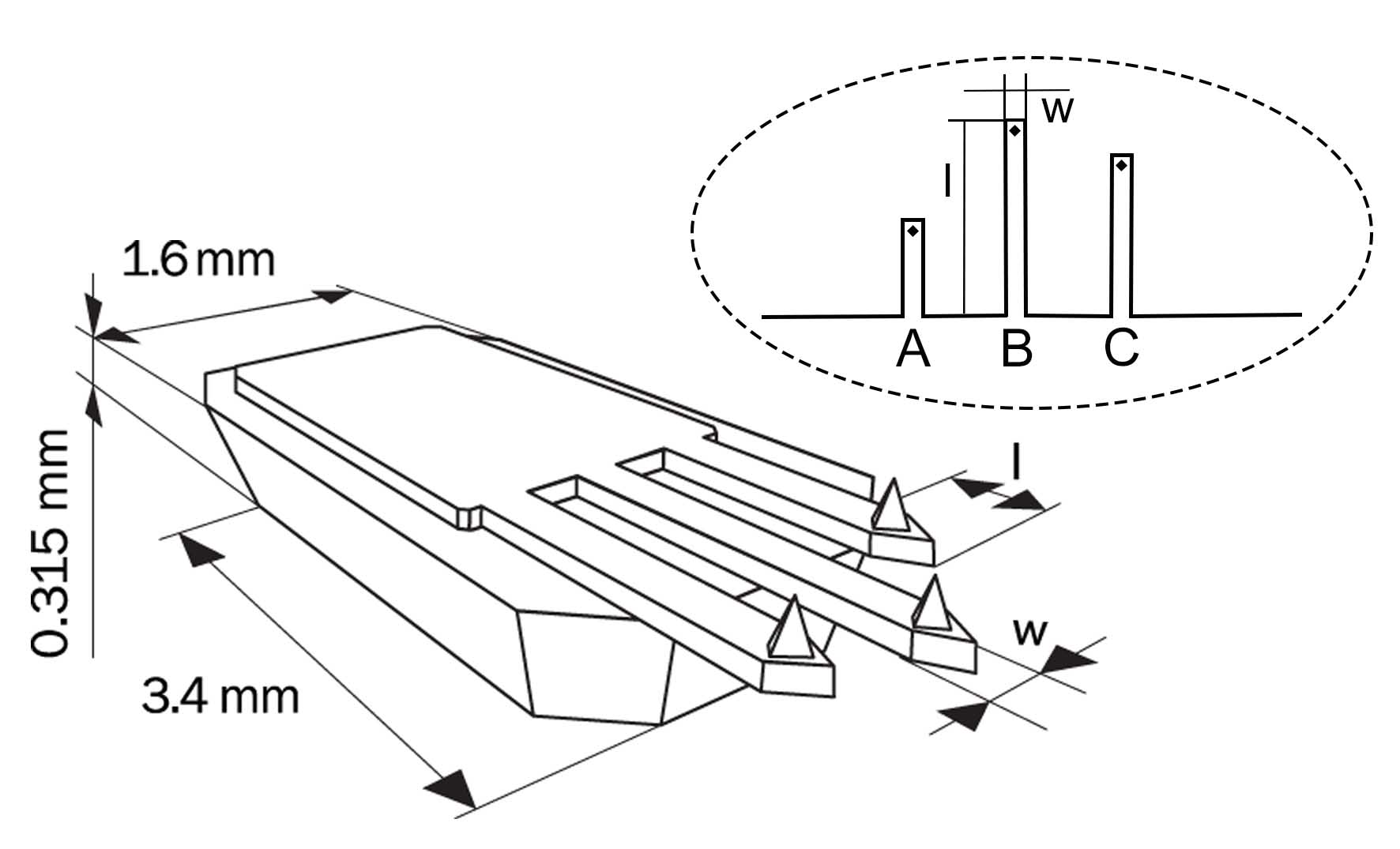 Schematic of three-lever CSC series MikroMasch AFM Probe