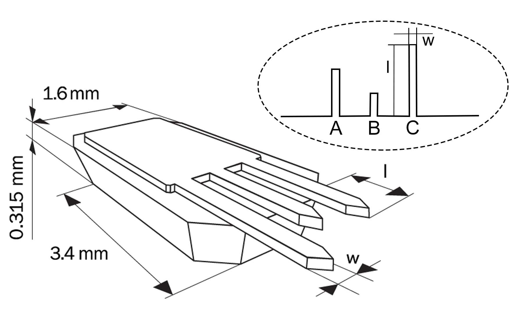 Schematic of tipless three-lever NSC series MikroMasch AFM Probe