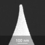 SEM image of platinum coated AFM probe tip close-up