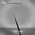 Close-up SEM image of high resolution MikroMasch HiRes-C AFM probe tip