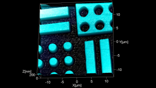 Topography image of the central area of BudgetSensors height calibration standard HS-100MG with 100 nm nominal step height. The HS-100MG can also be used for X-Y calibration of large area scanners. The array design makes it possible to calibrate your AFM system without the need to rotate and realign the sample in-between  X and Y axis calibration.