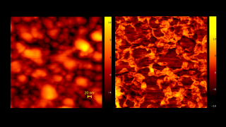 Cd enriched areas in Zn0.4Cd0.6Se, topography and phase image. In order to obtain  simultaneously good contrast in the phase image without distortion in the height image, due to surface damage, interleave mode with light tapping conditions for the height scan, and hard tapping for the phase image was used, repectively.