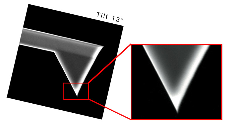 Special tip shape leads to extremely symmetric scan image in x- and y- direction when probe is tilted due to its mounting on the AFM head.